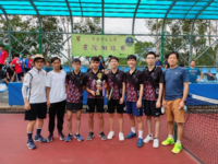 The Men's Tennis Team, their coach Mr CHAN (first from left) and College PE teacher Dr NG (first from right). 